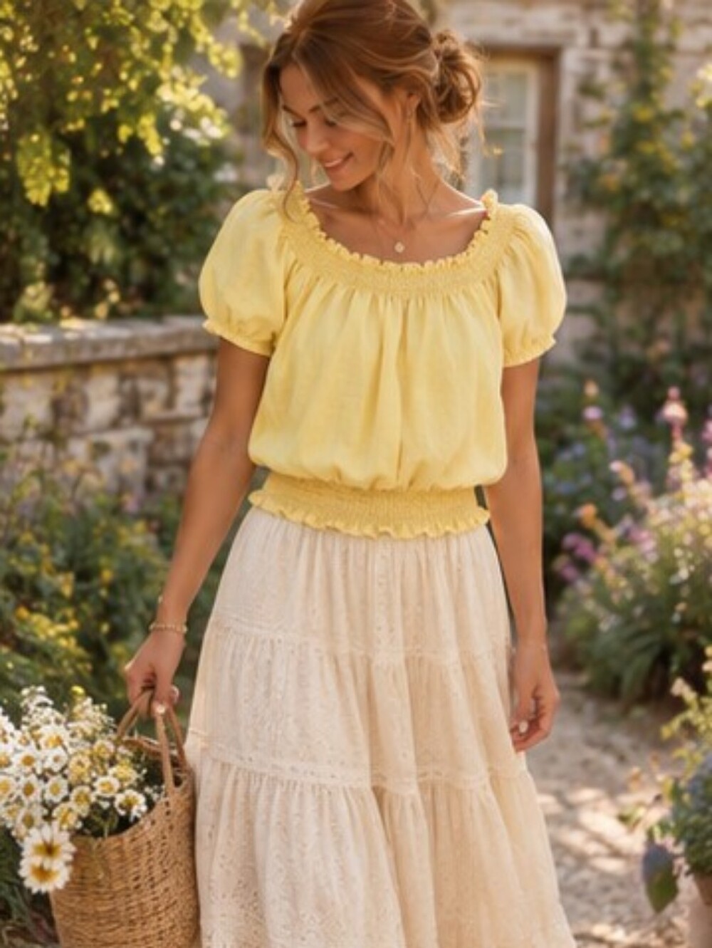 Neiman Marcus Yellow Peasant Prairie Cottage Blouse Size 10 Smocked Puff Sleeve